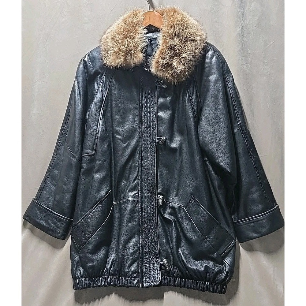 Vintage Y2K LNR Black Leather Fur Collar Zip Front Jacket Size Medium